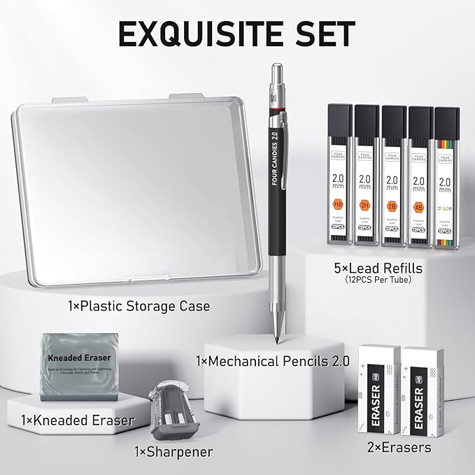 Four Candies 2MM Mechanical Pencil Set with case, Artist Lead Pencil Metal Lead Holder with 60PCS Graphite Lead Refill (HB, 2H, 2B, 4B, Color) kneaded eraser, Sharpener for Writing, Drawing, Sketching