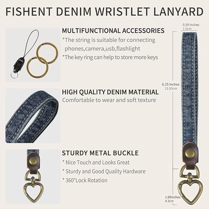 Fishent Denim Wristlet Keychain for Women Men, Cute Key Chain, Wrist Lanyards for Car Keys ID Badge Wallet Card Holder