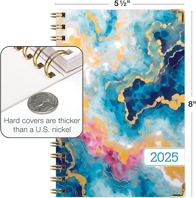 HARDCOVER 2025 Planner, 5.5"x8": 14 Months (November 2024 - December 2025), Daily Weekly Monthly Planner, Yearly Agenda, Bookmark, Pocket Folder and Sticky Note Set (Speckled Marble)