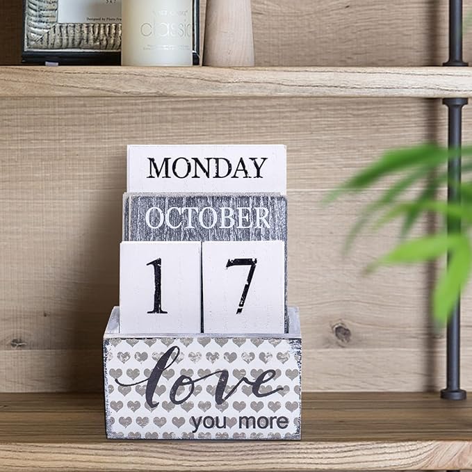 Notakia Perpetual Calendar Wooden Calendar Blocks Vintage Wood Block Calendar for Home Office Desk Accessories Week Month Date Display (Love you more)