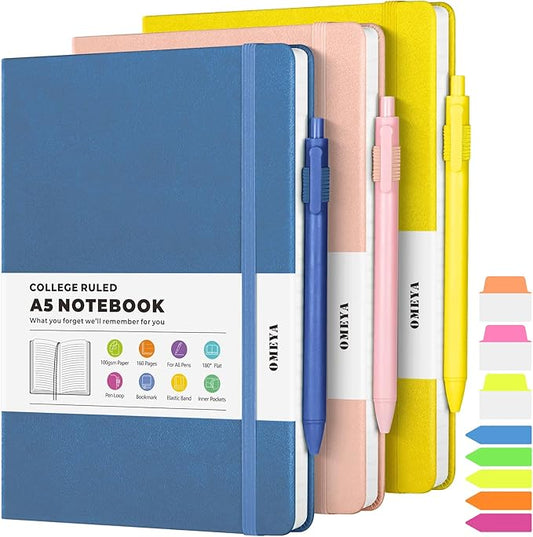 Lined Journal Notebook, 3 Pack A5 College Ruled Notebooks for Work, Hardcover Notebook Each with 2 Pockets & Pen, Leather Journal for Women, Men, 160 Pages, 100GSM Thick Paper (Multi-Colors 5.7"x8.3")