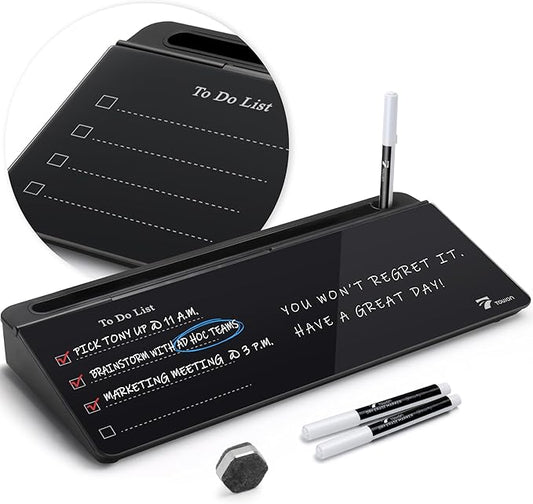 TOWON Black Desktop Whiteboard with todo List Templates, White Board Dry Erase Small for Desk, Glass Reminder Memo Notepad to-do List Dry Erase with Storage, Lined & Free Section, 16x7 Inches
