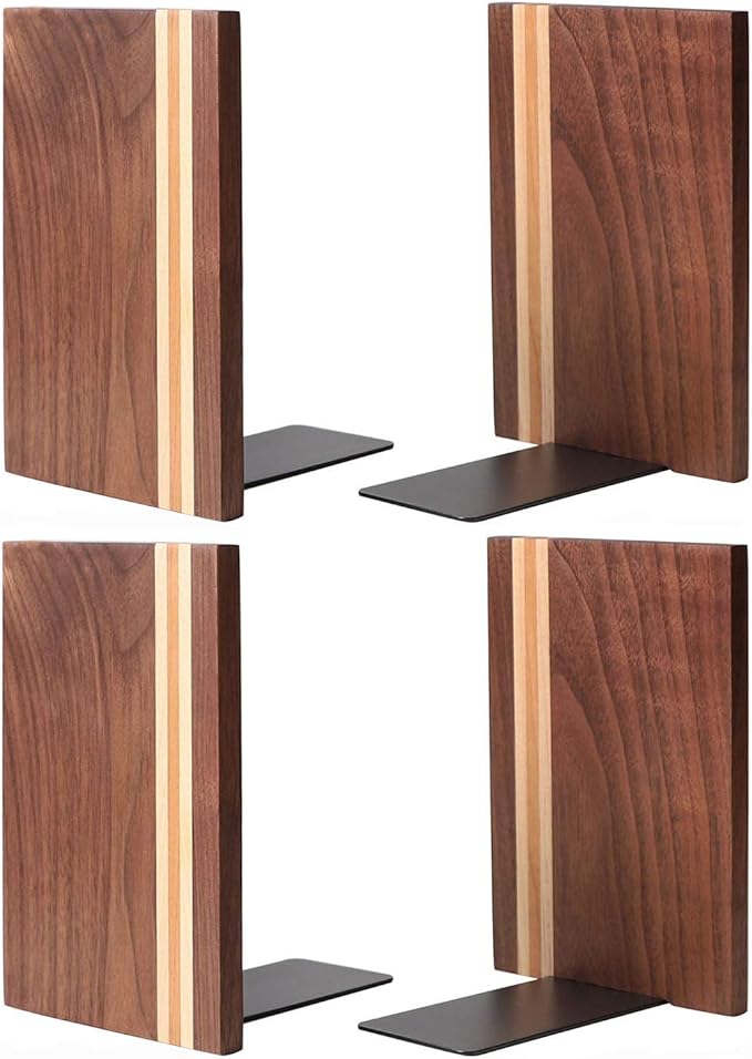 Muso Wood Artist Bookends, Decorative Bookshelf Book Ends Heavy Duty Bookends Desktop Organize Books Wooden Book Ends for Home Office Kitchen 6"x4" Walnut 4pcs