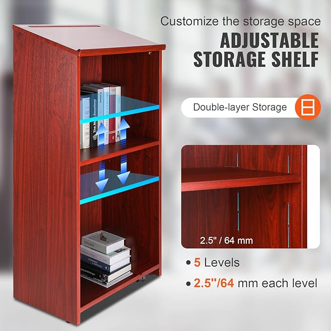VEVOR Podium Stand, 47 inch Hostess Stand with 4 Rolling Wheels, Wood Podium with Storage Shelves and Slant Desktop, Lecterns & Podiums for Home, Office, School, Church, Brown