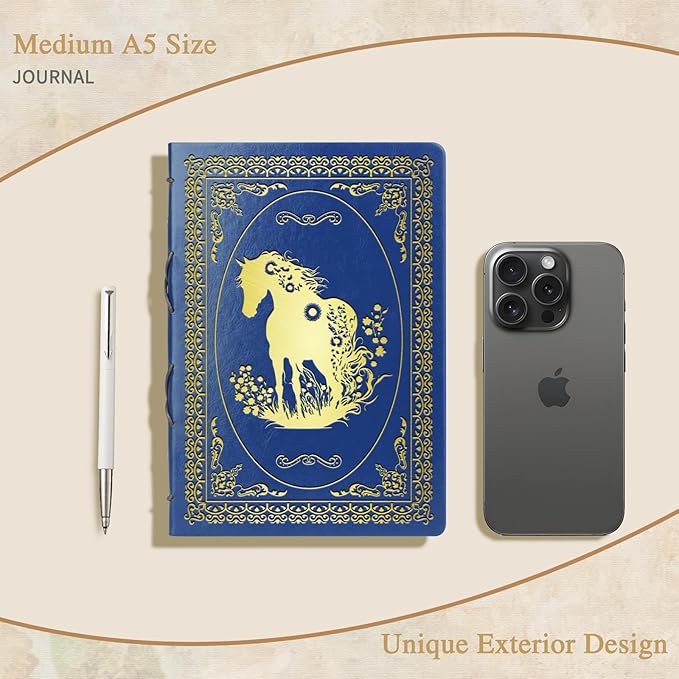 Dark Blue A5 Horse Gifts for Women Girls Faux Leather Vintage Notebook Inspirational Horse Trainer Gift Hardcover Executive Notebook,200 Pages 120 Gsm Thick Ruled Paper With Pen,Horse Lover Gifts Equestrian Gift (Horse Dark Blue)