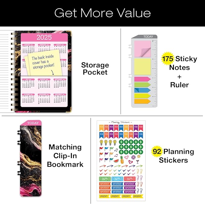 HARDCOVER Academic Year 2024-2025 Planner: (June 2024 Through July 2025) 5.5"x8" Daily Weekly Monthly Planner Yearly Agenda. Bookmark, Pocket Folder and Sticky Note Set (Dark Gold Marble)