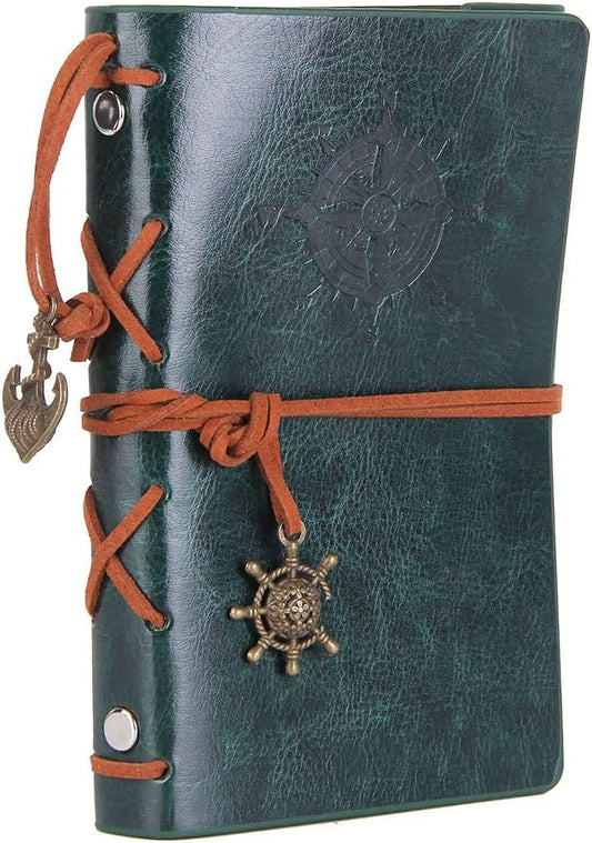 EvZ Leather Writing Journal Notebook, 5 Inches Vintage Nautical Spiral Blank String Diary Notepad Sketchbook Travel to Write in, Unlined Paper, Retro Pendants, Classic Embossed, Retro Green