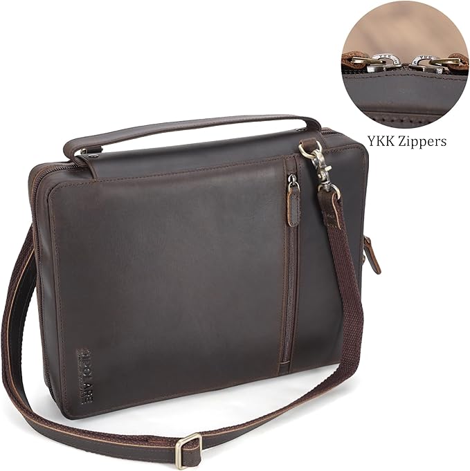 Polare Full Grain Cowhide Leather Bible Cover Church Bag Bible Protective Book Holder Carrying Case Folder Organizer Portfolio (Dark Brown with Shoulder Strap)