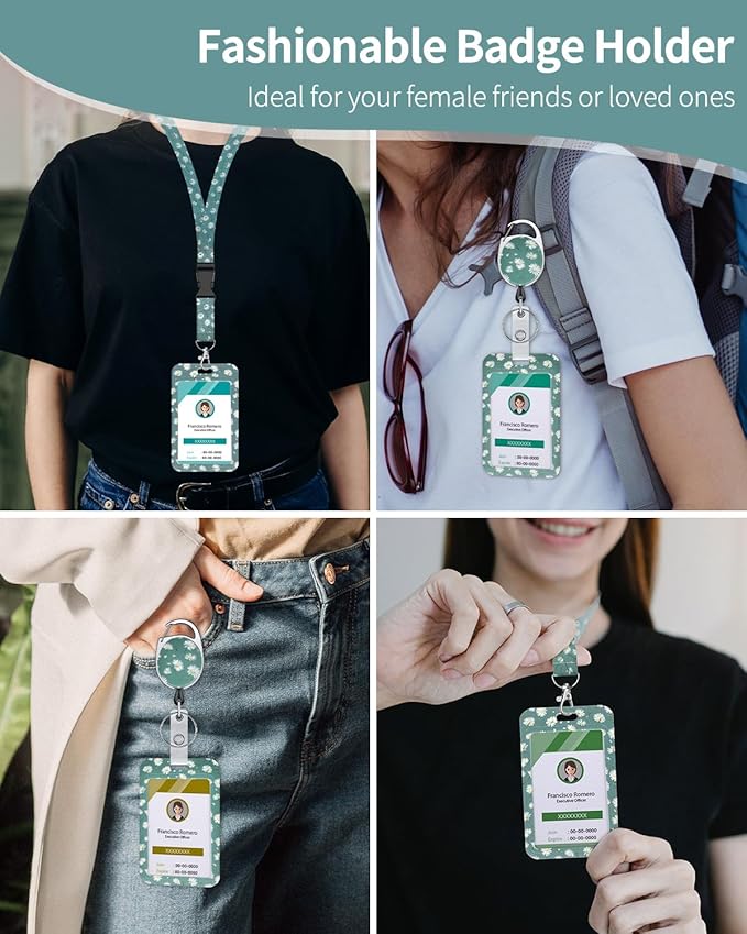 Uniclife Floral Sliding Badge Holder White Daisy Plastic Case with Retractable Badge Reel Carabiner Clip & Detachable Lanyard Strap Fashionable Vertical Card Protector for Women Nurse Teacher Student