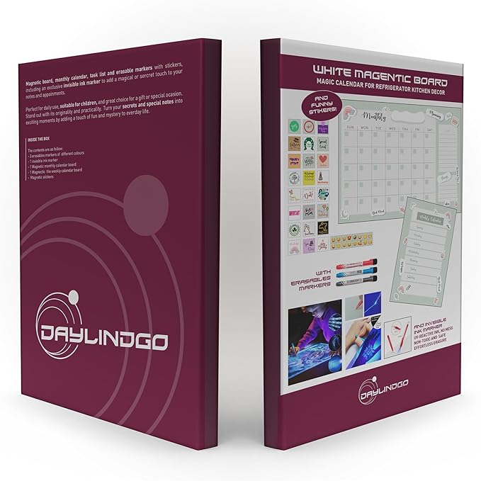 DAYLINDGO Magnetic Refrigerator Calendar - Magnetic Fridge Calendar 12.6" x 8.7" 3 Markers & 1 Invisible Ink & Grocery List Dry Erase Magnet Calendar for Fridge Kitchen Organization, Shipped Flat