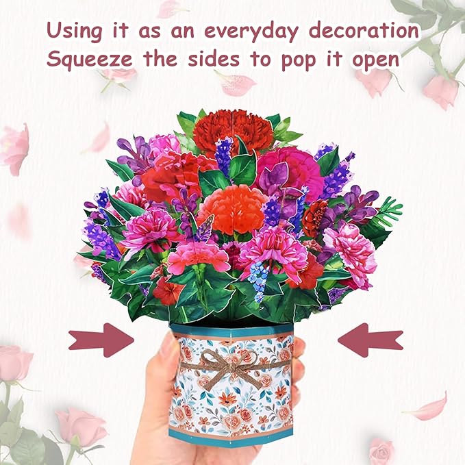 Carnation Bouquet Pop Up Card, Flower 3D Greeting Card with Envelope for Any Occasion, Birthday, Mother's Day, Anniversary, Valentines Day, Foldable Flower Cards for Mother or Loved Ones