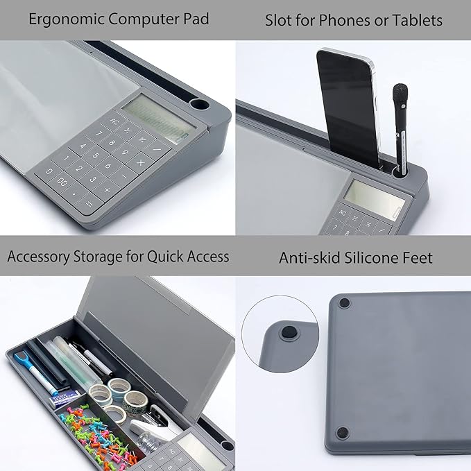 TOWON Desktop Glass Whiteboard with Basic Calculator, 12 Digit LCD Display, Desk Organizers with Accessories for Office, Home, School Supplies, Storage with Dry Erase Board Surface, Gray, 18'' x 6''