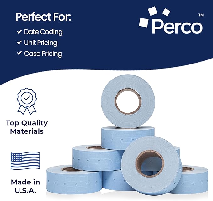 Perco 1 Line Blue Labels - 8 Rolls, 1 Sleeve, 8,000 Blank Price and Date Gun Labels for Perco 1 Line Price and Date Guns - Made in USA