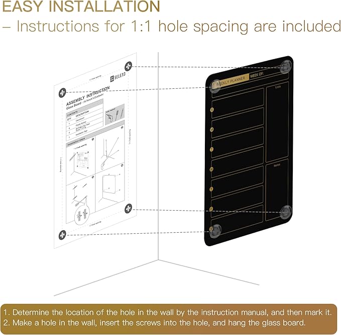 SELEAD Magnetic Glass Whiteboard Weekly Planner - 16”x24” Dry Erase Calendar White Board for Wall, Menu Notes Grocery List Board for Home Kitchen Restaurant - Black&Gold