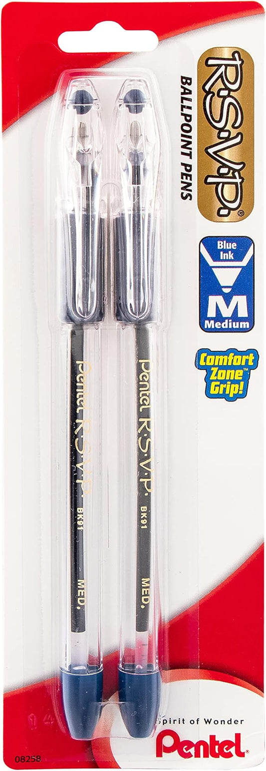 Pentel R.S.V.P. Ballpoint Pen, Medium Line, Blue Ink, 2 Pack (BK91BP2C)