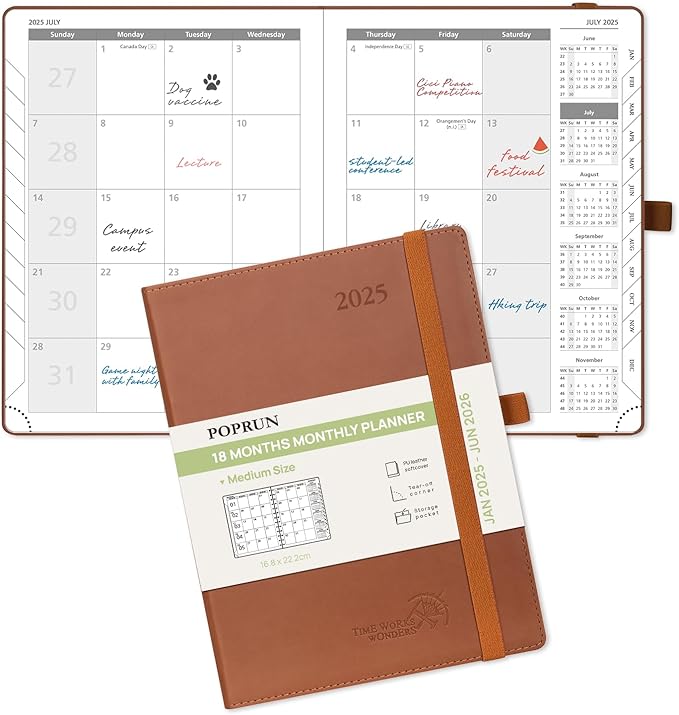 POPRUN Monthly Planner 2025-2026 (Medium- 6.5'' x 8.5'' Soft Cover), 18-Month Calendar Book (January 2025-June 2026), Calendar Planner with Monthly Tabs & Pocket, 100 GSM Paper - Brown