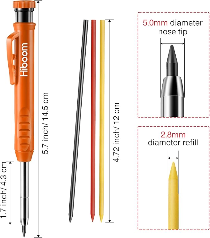 Hiboom 3 Pack Solid Carpenter Pencil with 21 Refill, Long Nosed Deep Hole Mechanical Pencil Marker with Built in Sharpener for Carpenter, Design Patent (Orange, Red, Black Cover)