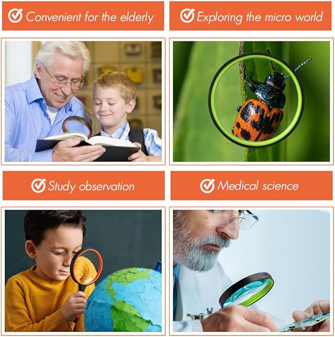 Leffis 6 Pack Magnifying Glass, 10X Non-Slip Handheld Reading Magnifier for Kids and Seniors, 75mm Magnifying Glass Lens for Reading, Classroom Science, and Nature Exploration