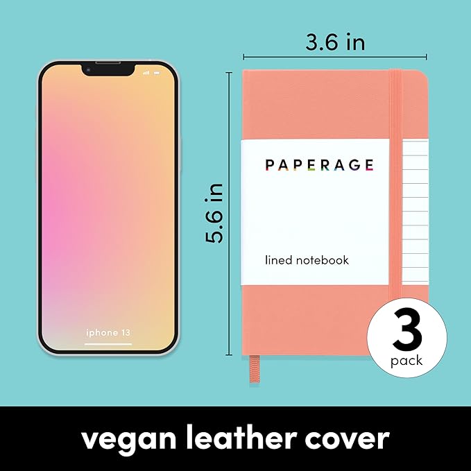PAPERAGE Lined Pocket Journal Notebook, 3 Pack, (Coral, White, Sky Blue), 160 Pages, Small, 3.6 inches x 5.6 inches - 100 GSM Thick Paper, Hardcover