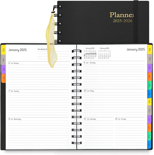 Daily Planner 2025-2026 - 18 Month Planner with Tabs, Calendar Yearly Monthly Weekly Spiral Time Management Planner, January 2025 - June 2026, Flexible Cover, 100GSM Thick Paper, A5 Size, Black