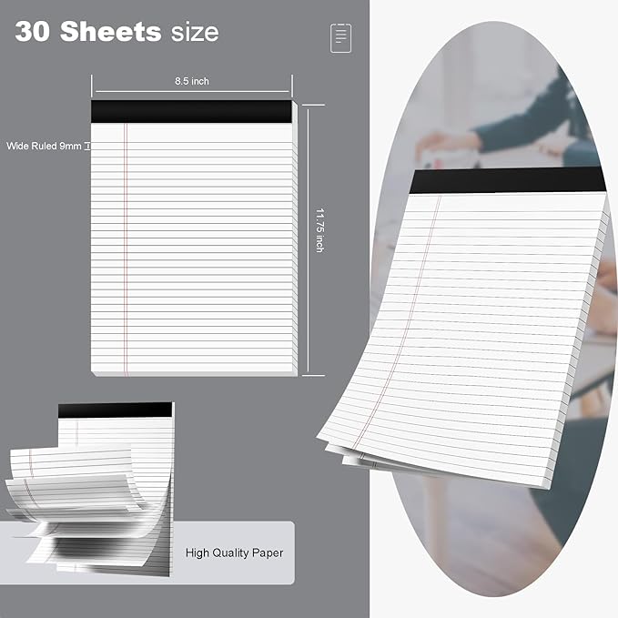 Legal Pads 8.5 x 11 Note Pads 8.5 x 11 Wide Ruled Notepad Lined Paper Writing Pads for Home, School, Office Use, 80gsm Perforated Legal Pad - Sturdy Cardboard Backing Support, 6 Pack (30 Sheets/Pad)