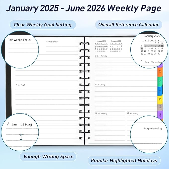 Daily Planner 2025-2026 - 18 Month Planner with Tabs, Calendar Yearly Monthly Weekly Spiral Time Management Planner, January 2025 - June 2026, Flexible Cover, 100GSM Thick Paper, A5 Size, Black
