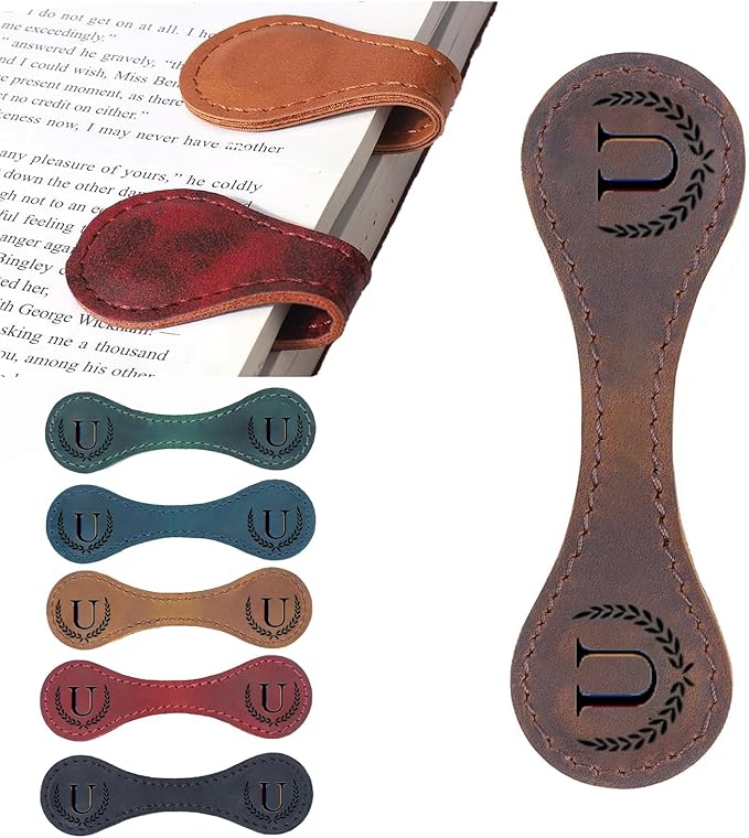 Personalized Magnetic Leather Bookmark, 26 Letters Custom Leather Bookmarks, Handmade, Leather Magnetic Bookmark for Book Lovers Readers Women Kid(Brown，U）