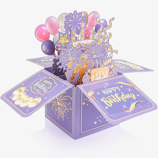 Surprise Pop Up Happy Birthday Cards, Lovely 3D Birthday Card for Adults and Kids with Envelopes, Unique Design Handmade Foldable Greeting Cards for Daughter, Son, Mom, Dad, Friend（Purple）