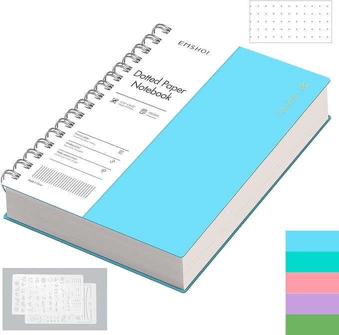 EMSHOI A5 Spiral Notebook Bullet Dotted Journal, Small 5.7" X 8.22", 300 Pages/150 Sheets, 100gsm Dot Grid Paper, Waterproof Hardcover, for Office School Women Men Work Writing Notes-Blue