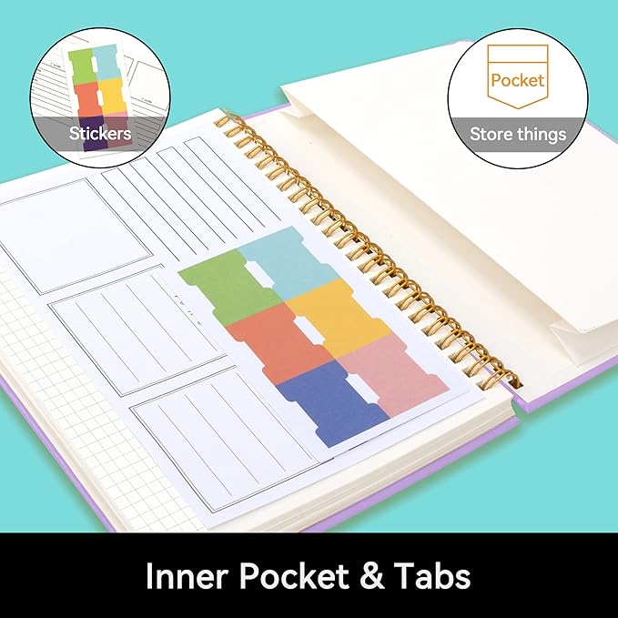 Alltree Spiral Graph Notebook Journal, Leather Hardcover Graph Notebook for Work, Twin Spiral Grid Notebook with Pen Loop, Pocket, 160 Pages, Journal for Women & Men, Purple(6"x8.5")