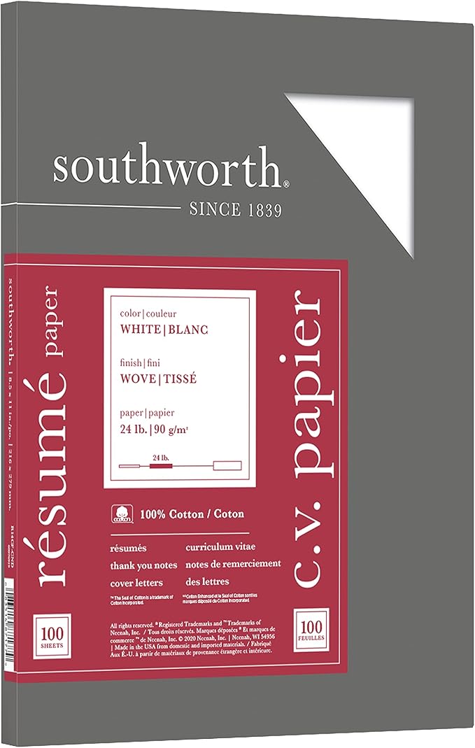 Southworth R14CF 100% Cotton Resume Paper White 24 lbs. Wove 8-1/2 x 11, 100/Box