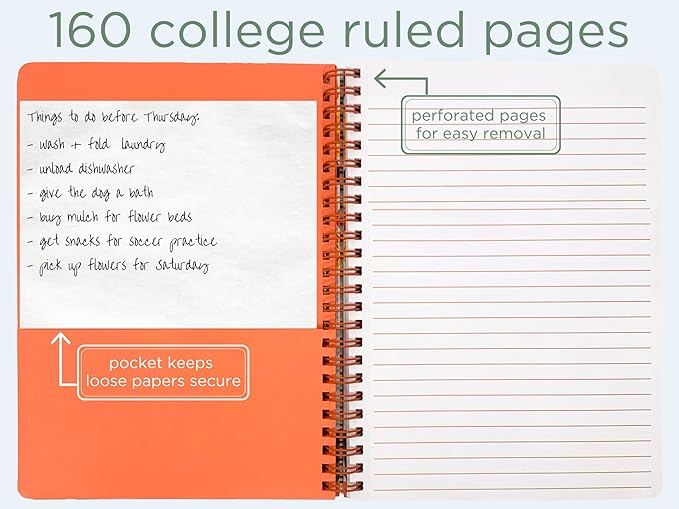 Steel Mill & Co Cute Large Spiral Notebook College Ruled, 11" x 9.5" with Durable Hardcover and 160 Lined Pages, Orange Floral