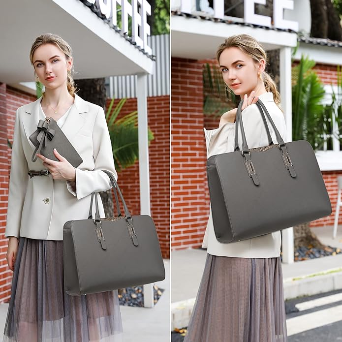 Keyli 4pc Sets Laptop Bag for Women Large Leather Laptop Briefcase with USB Charging Port Computer Shoulder tote Bags Purse