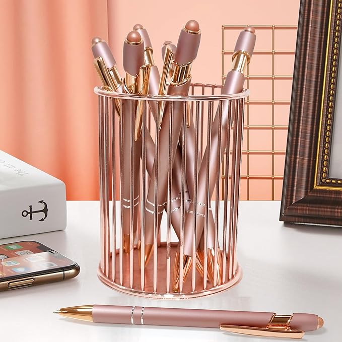 Ballpoint Pens, 6 Pack Rose Gold Metal Pens Black Ink Pens, 1.0mm Medium Point Stylus Pens for Touch Screens, Cute Pens Teacher Gifts Office Supplies for Women (6 Pcs Rose Gold, No Words)