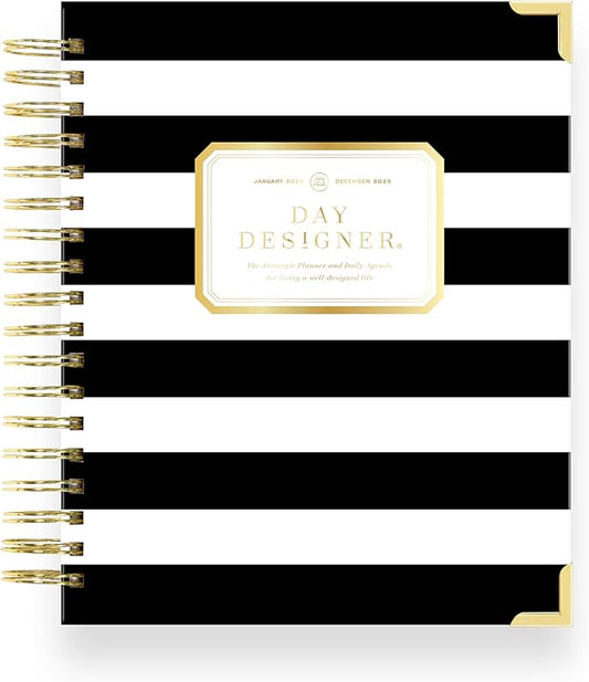 Day Designer 2025 Daily Planner – Premium Planner for Stylish Organization. Combines Monthly Calendar, Hourly Schedule, To-Do List, Gratitude, Goal Setting, Inspirational Quotes, Stickers & More. Elegant laminated Cover with Gold Accents (Black Stripe)