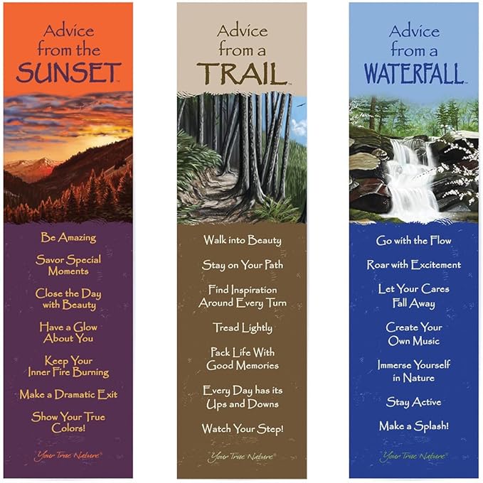 Advice from Nature 3 Bookmark Hiking Set, Laminated with Glossy Finish, Printed on Recycled Paper - Sunset, Trail, Waterfall (AMBM-Hike)