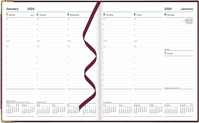 Letts of London Classic Weekly Planner, 12 Months, January to December, 2024, Appointments, Gold Corners, Quarto Size, 10.25" x 8.25", Burgundy (C32YBY-24)