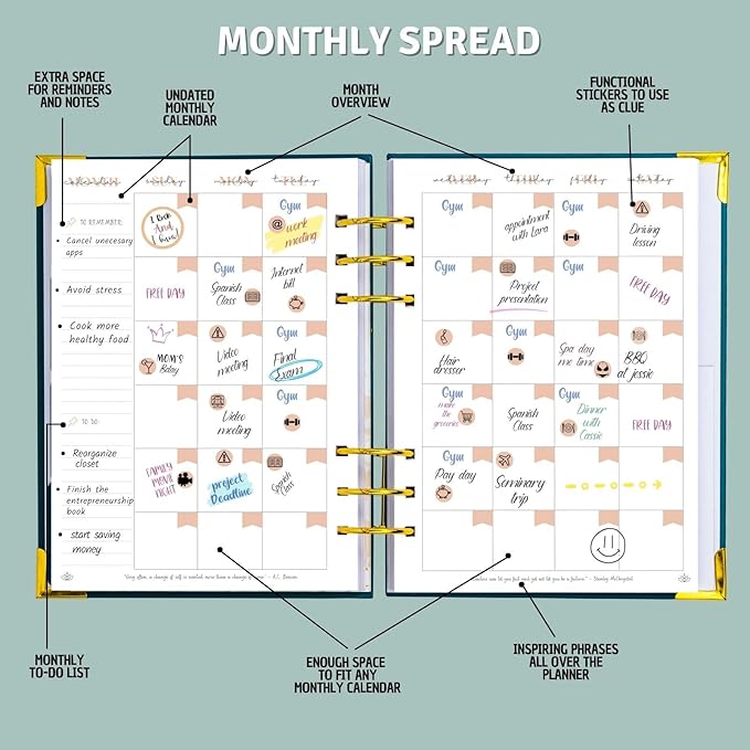 Bossy Girl Journey Goal Planner Undated Weekly Monthly Productivity Journal With Habit And Budget tracker A5 Size 8.5 X 5.8 Binder 6 ring Refillable To Beat Procrastination, Stay More Focused