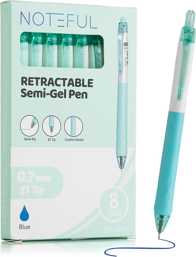 Retractable Semi Gel Pens Clicker, Fine Point 0.7 mm, Premium Comfort Grip for Smooth Writing Planner and School Supplies (Blue, 1 Count (Pack of 8))