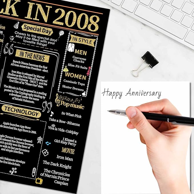 Joycard 17th Anniversary Card for Women Men, Gold Wedding Card for Wife Husband, Sweet Marriage Decorations Gifts for Couple, Perfect for Her Him on Anniversary Day, Back in 2008