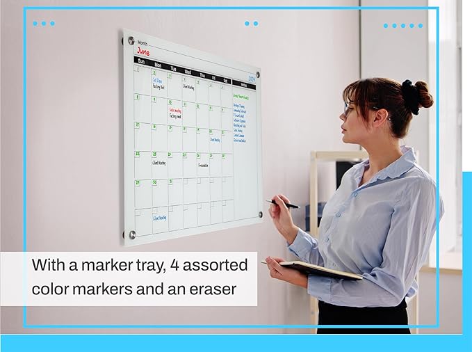 Real Glass Dry Erase Monthly Calendar, Extra Large 24" x 36", Tempered Glass Surface, Frameless Wall Mount, with 4 Assorted Color Markers and Eraser, by Better Office Products (Bright White)