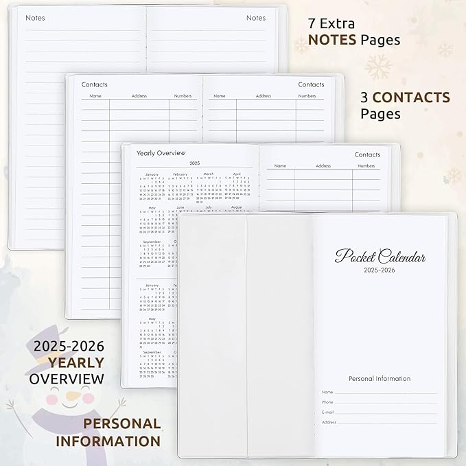 Christmas Pocket Calendar 2025-2026, 2025 Monthly Planner - 3.7" x 6.7" - Runs from January 2025 until December 2026, 2025 Pocket Planner with PVC Cover for Planning, Beige
