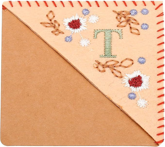 PATIKIL Personalized Embroidered Corner Bookmark, Cute Flower Felt Stitched Triangle Book Mark Page Marker for Women Men Book Lovers Teachers, Pink, Letter T