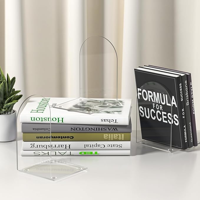 Acrylic Bookends 8 Pieces, Book Ends for Shelves, Clear Bookends for Book Shelves and Desktop Organizer, Transparent Bookends to Hold Books for Home Office Supplies
