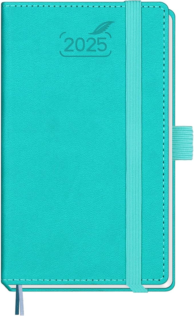 BEZEND Pocket Calendar 2025 for Purse 3.5" x 6", 2025 Pocket Planner Daily Weekly & Monthly with Pen Holder, Small Agenda 2025 with Vegan Leather Hard Cover - Turquoise
