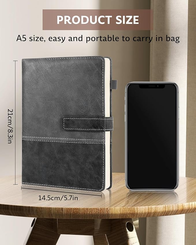 Leather Notebook Journal with Pen, A5 Lined Hardcover Notebook with Magnetic Closure, 240 Pages Daily Journal for Men Women, Ruled Journals Notebooks for Work, Writing, Note Taking - Black