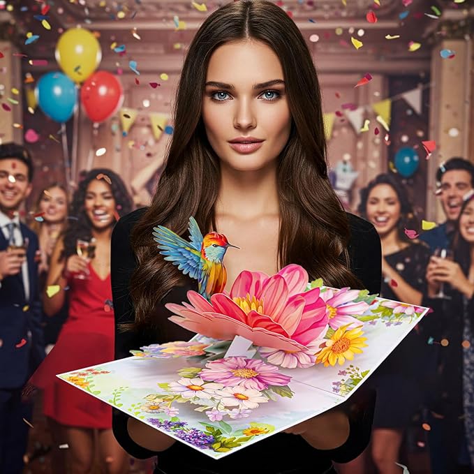 3D Hummingbird and Flower Pop Up Card, Elegant Bird Pop-Up Card with Blooming Flowers for Anniversary, Thank You, Valentines Day, All Occasion