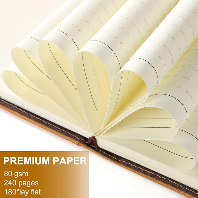 A5 Lined Leather Journal with Pen, 240 Pages Refillable Hardcover Notebook with Pocket and Magnetic Buckle, 80gsm Thick Daily Diary for Men and Women, Great Gift for Business School Travel Personal -
