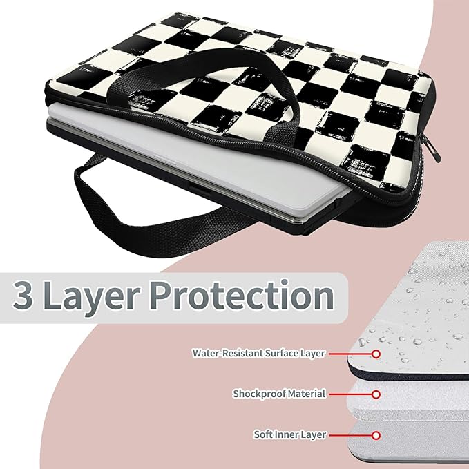Laptop Sleeve Case Bag 15 inch, Black and White Checkered Slim Carrying Case Durable Handbag Travel Laptop Bag for 15 inch MacBook Air M3/M2/15 Pro/Surface Laptop 7/6/5/4/3/ Dell XPS 15 Plus