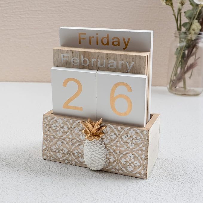 Notakia Vintage Wood Block Perpetual Calendar Month Week Date Display for Home Office Desk Rustic Decoration, Brown pineapple